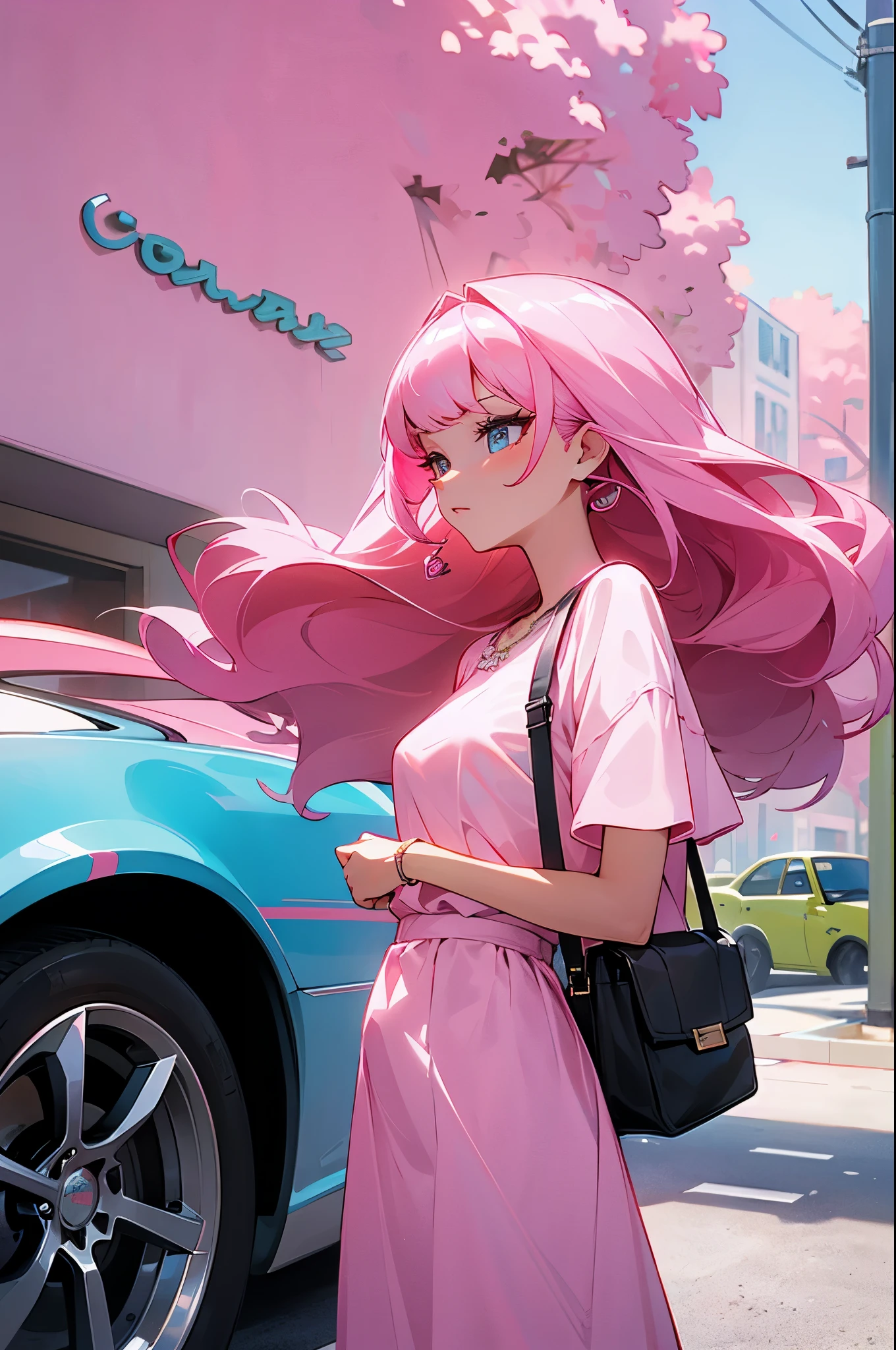 Anime girl with pink hair and sunglasses walking down the street ...