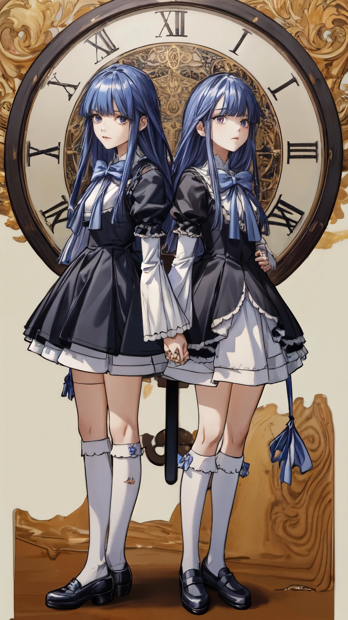 The image shows two females standing on a reflective street. The first is dressed in an elaborately detailed costume, which includes a black and white dress with a blue bowtie, knee socks, and black shoes. The costume also features a cat-tail accessory attached to the lower back, and she has long dark blue hair. The second female is wearing a school uniform of the St. Lucia Academy, complete with all its distinctive details. The lighting is bright, highlighting the vibrant colors and intricate details of their costumes and surroundings. Masterpiece. Perfect. Award winner. Professional manga-anime drawing. Perfectly well drawn hands. Perfect hands:1. The background has some kind of deformed huge clock featuring various numeric systems, slightly deformed due to chemical exposure. The clock is intricately designed with Roman numerals, Arabic numerals, binary code, and ancient numeric symbols. The deformations give the clock an abstract, almost surreal appearance, with parts of the clock face warped and distorted. The colors and textures reflect the effects of chemical reactions, creating a unique and striking visual (masterpiece), (best quality). Two females standing:1. (((TWO FEMALES)))