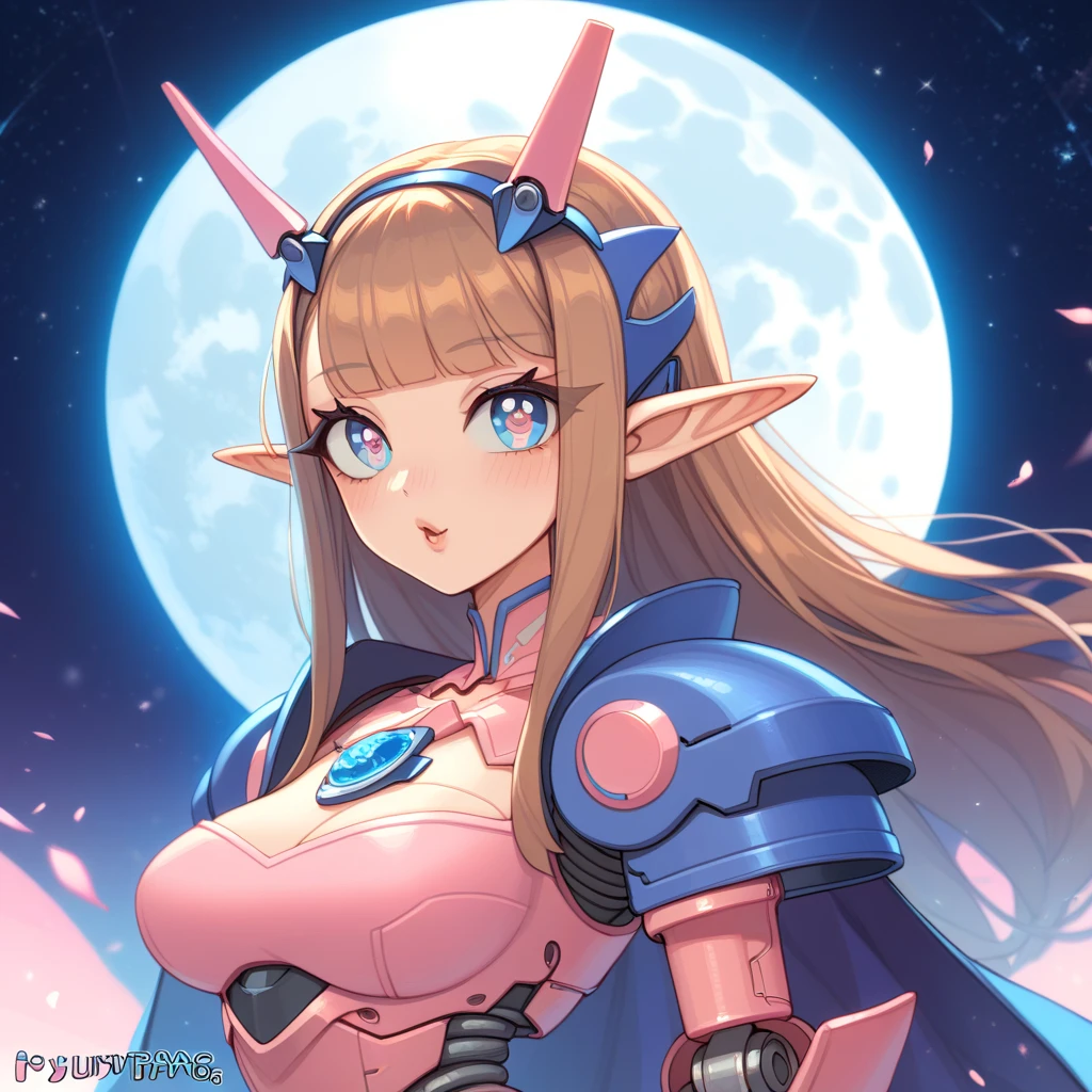 score_9, score_8_up, score_7_up, ((Masterpiece)), ((highres)), (1girl), a detailed cyborg girl, long brown hair, cybernetic waist cape, beautiful anime eyes, pink cyborg armor, cyberntic horns, ((cybirg joints)), defined elf ears, defined eyes, blue iris, long eye lashes, defined nose, curvy, wide hips, breasts, slim waist, hands to the sides oif her, ((pastel moon background))), bust shot