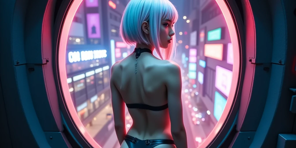 "Ultra-high resolution, UHD, ultra-detailed, hyper-realistic skin texture, high-quality rendering, photorealistic portrait. A futuristic anime-style woman named Lucynova with a choppy, asymmetrical bob of pure white hair featuring short pink and blue highlights. She is standing before a large oval-shaped glass window in a sleek apartment.  overlooking a vibrant cyberpunk cityscape with neon lights, glowing signs, She gazes outside, her arms folded, Neon reflections illuminate the sharp contours of her (((naked body:2.5))), her Assad bare back is visible, Shot with a wide-angle lens, capturing her back profile, lit dramatically by the glowing neon city lights."


