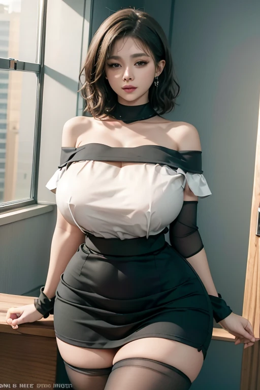 (  top quality ), (masterpiece),  , Early 20s, huge heavy chest , Firm chest, thick, thick lips,   wide hips,  thin waist, Short hair,  curly hair,  earring, officeレディ,   exposed shoulder blouse ,  high waist black skirt, Stockings,  bracelet, office