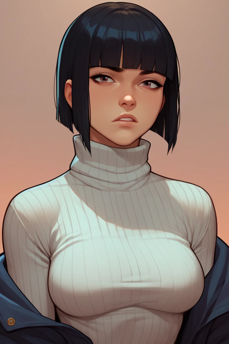 score_9, score_8_up, score_7_up, score_6_up, score_5_up, BREAK, 1girl, solo, turtleneck sweater, short black hair, hime cut, portrait, looking at viewer, sexy, curvy, mischievous 