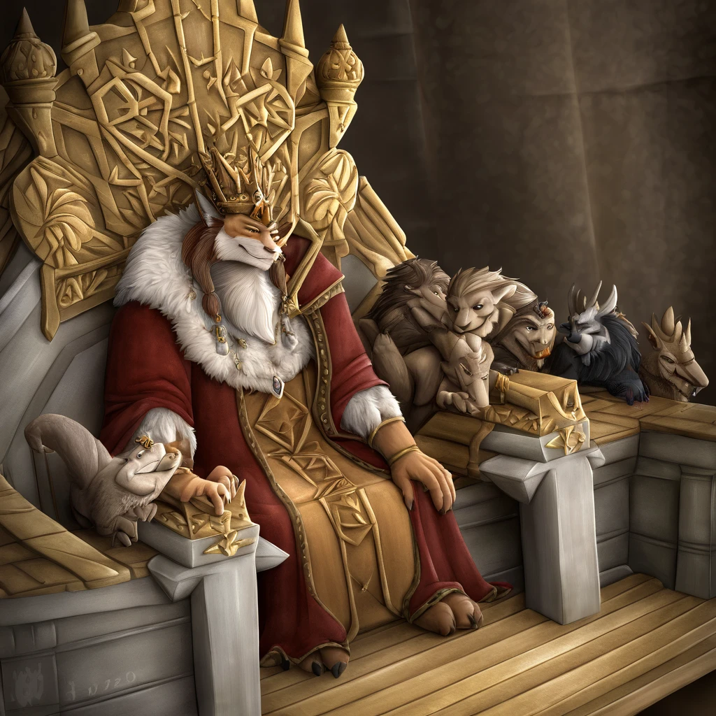 uploaded to e621.net, masterpiece, 8k, hyena woman, matriarch, female, beige fur, spots, gray hair, buff, muscular, barbarian queen, (leather clothing:1.3), wooden throne, wooden keep, primitive room, stone room, seated, casual posture, buff, muscular, massive, bodybuilder, (huge breasts), ?????? outline, covered breasts, laughing, crowded, supplicants, worshipers, by darkgem,