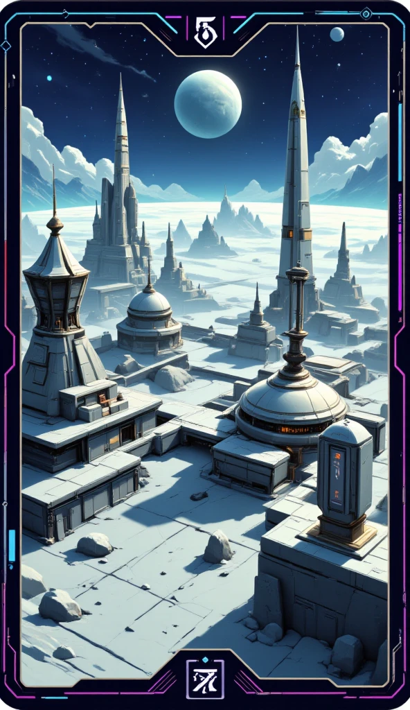 A pixel side-view design of a playing card. The card has an image of a futuristic moon base with detailed machinery and complex buildings. Sun visible in the distance.