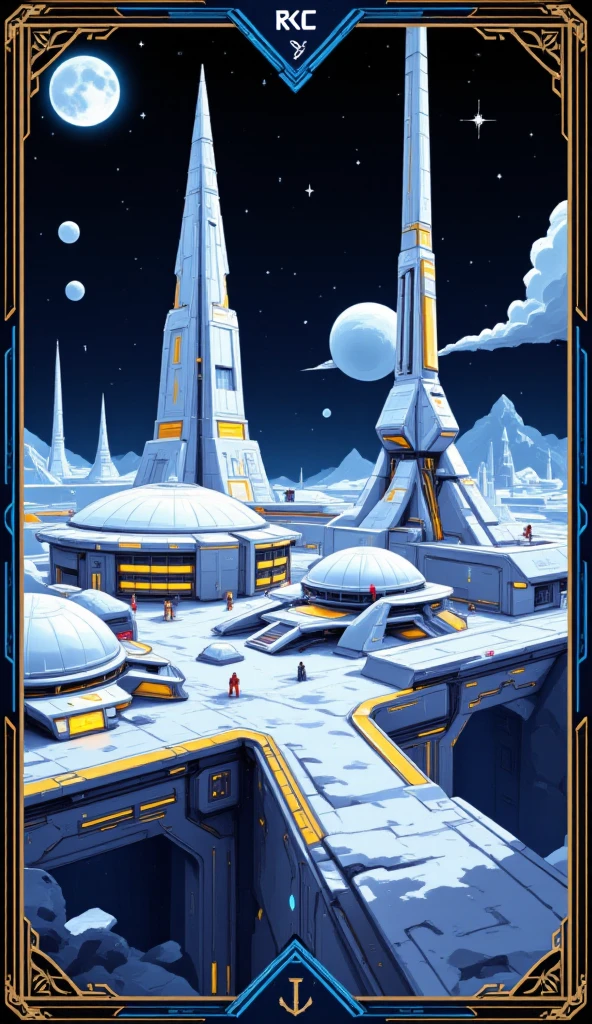 A pixel side-view design of a playing card. The card has an image of a futuristic moon base with detailed machinery and complex buildings. Sun visible in the distance.