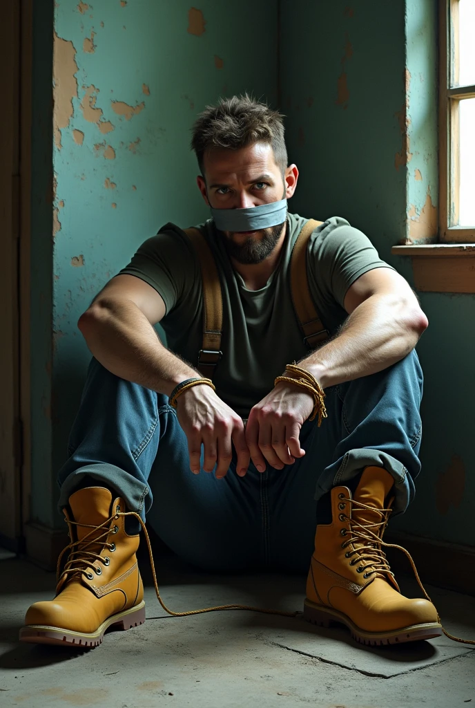 arafed man sitting in a chair with a cigarette in his mouth, neck shackle, on a rough wooden dungeon table, tied with chair, head shoot, restrained, jerma in a liminal space, wrapped in leather straps, the the man is wrapped in chains, , strangled with rope, casually dressed, full scene shot, sitting down