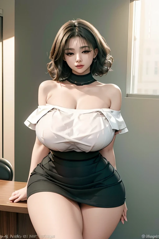 (  top quality ), (masterpiece),  , Early 20s, huge heavy chest , Firm chest, thick, thick lips,   wide hips,  thin waist, Short hair,  curly hair,  earring, officeレディ,   exposed shoulder blouse ,  high waist black skirt, Stockings,  bracelet, office