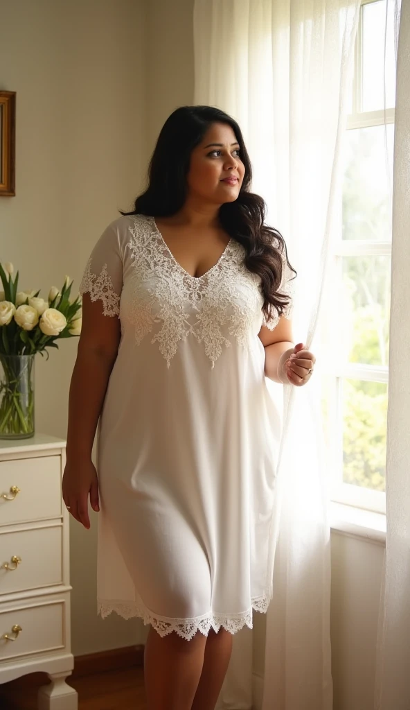 A beautiful and hot almost chubby mature  woman. who wears a banff dress with lace-like sleeves and a pattern of white flowers. and standing at home. A smiling face. Also wearing a diamond necklace