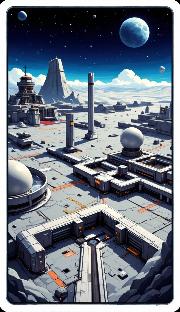 A pixel side-view design of a playing card. The card has an image of a futuristic moon base with detailed machinery and complex buildings. Sun visible in the distance.