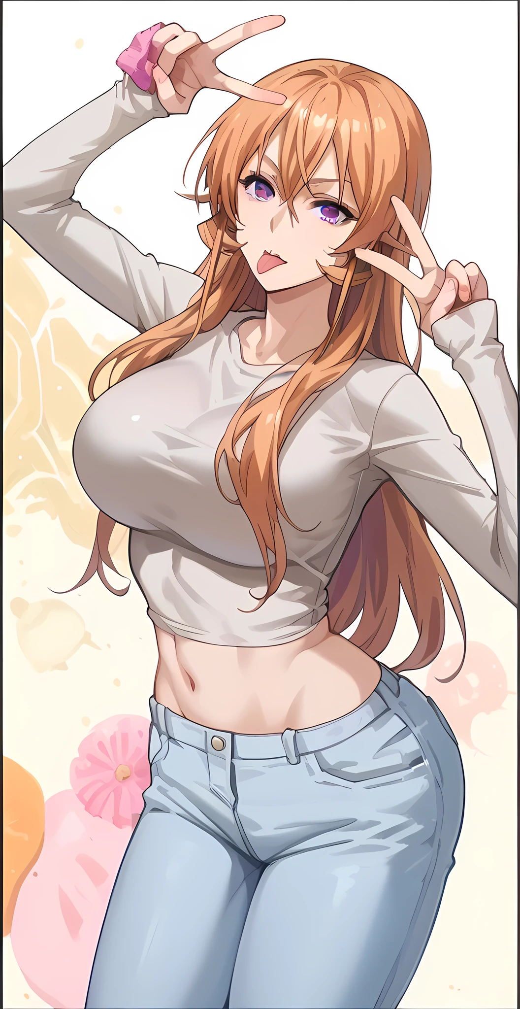 Close mouth, Mature female, fit girl, score_9, score_8_up, score_7_up, score_6_up, score_5_up, score_4_up, BREAK source_anime,1girl,erina nakiri, long hair, orange hair, hair between eyes,(purple eyes), shinny eyes,huge breasts,  tongue out 