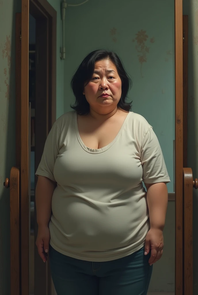 Japanese-style toilet、A naked, fat Japanese woman、50 years old、High resolution、Embarrassed face
