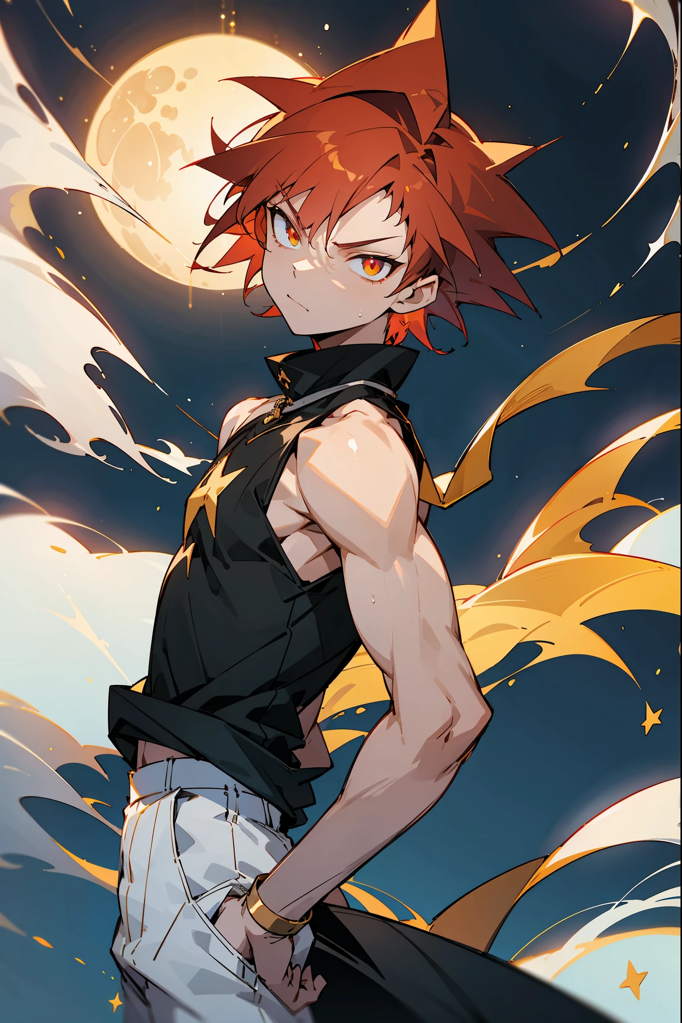 1male, Young, Spikey Hair, Crimson Hair, Gold Star Eyes, Black Sleeveless shirt, White baggy pants, Night Time, Cocky Expression, Moon