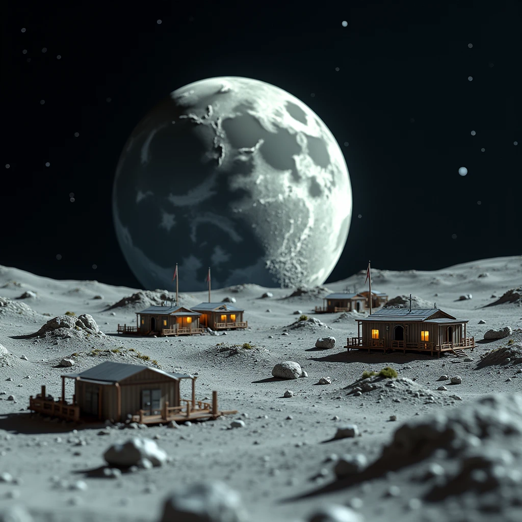 Cartoon on the Moon There are Buildings Bases Innovative technologies All about Super development done, Clear Picture, masterpiece, 8 k,  Complex Details ,  best quality,