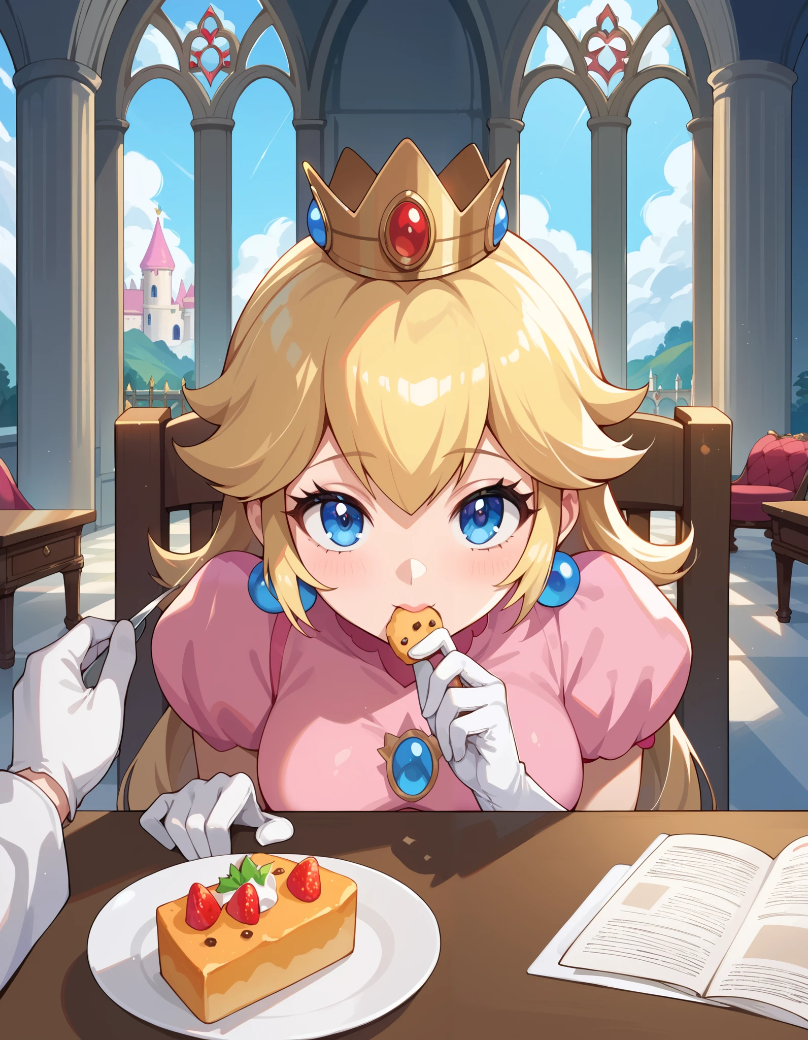 score_9, score_8_up, score_7_up, source_anime, BREAK, princess peach, sitting, castle, indoors, hall, table, chair, front, pov, eating, upper body, looking at viewer, gloves