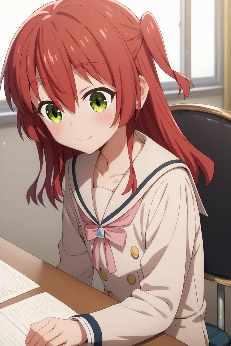 ikuyo kita, green eyes, hair between eyes, long hair, one side up, red hair, flat breast, serafuku, blush, smile, sitting, shiny skin, indoor, school, desk, chair, solo, from front, wide shot, (masterpiece, best quality, high resolution, ultra-detailed:1.3), perfect fingers, detailed background, anime