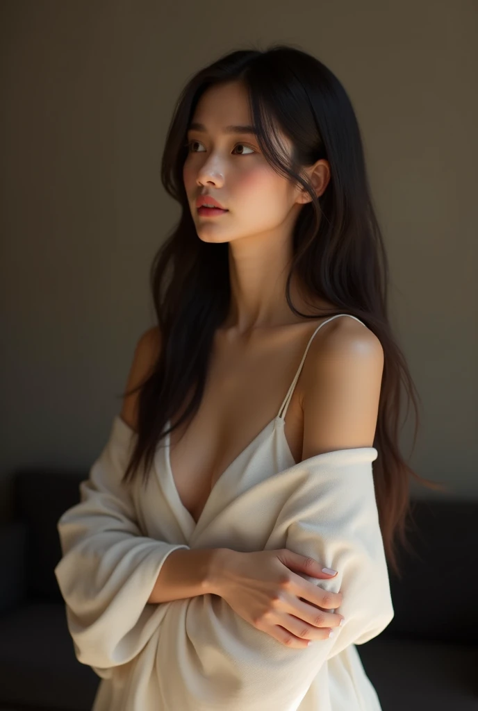 This beautiful teacher wore a simple and elegant white shirt with a pair of black slim trousers, showing her tall figure and graceful curves. Her long hair was shawl, slightly curly, and gave off a faint fragrance. Her facial features are delicate, her eyes are bright and spirited, her eyebrows are slender and natural, her lips are rosy and sexy, and her face is round and smooth.