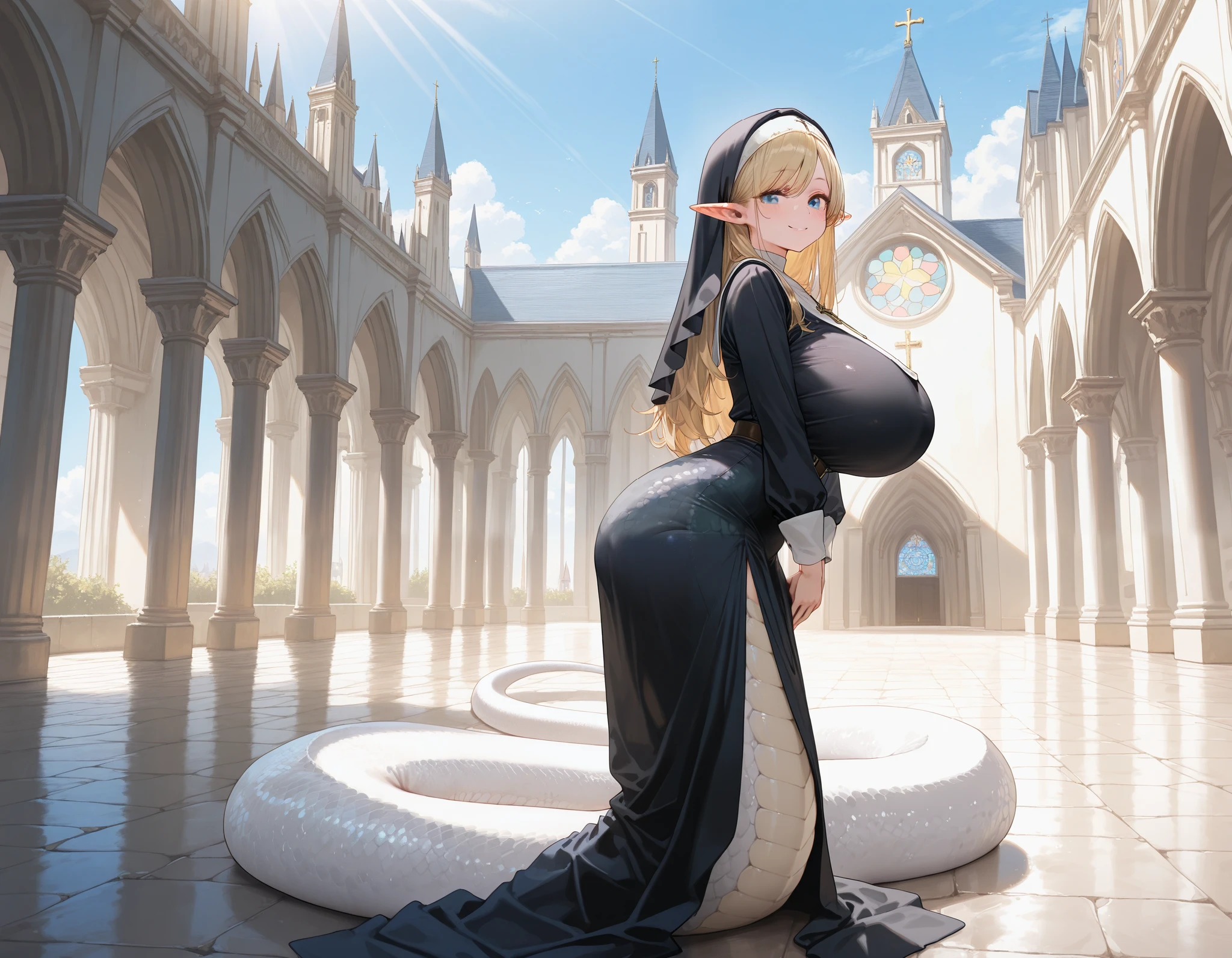 1girl, blue eyes, masterpiece, best quality, solo, huge breasts, long hair, blonde hair, looking at viewer, blush, white scales, monster girl, elf, lamia, full body, wide shot, swept bangs, smile, church, sunlight, v arms, nun, outdoors, blue sky, from side, masterpiece, best quality, amazing quality, very aesthetic, absurdres, newest,