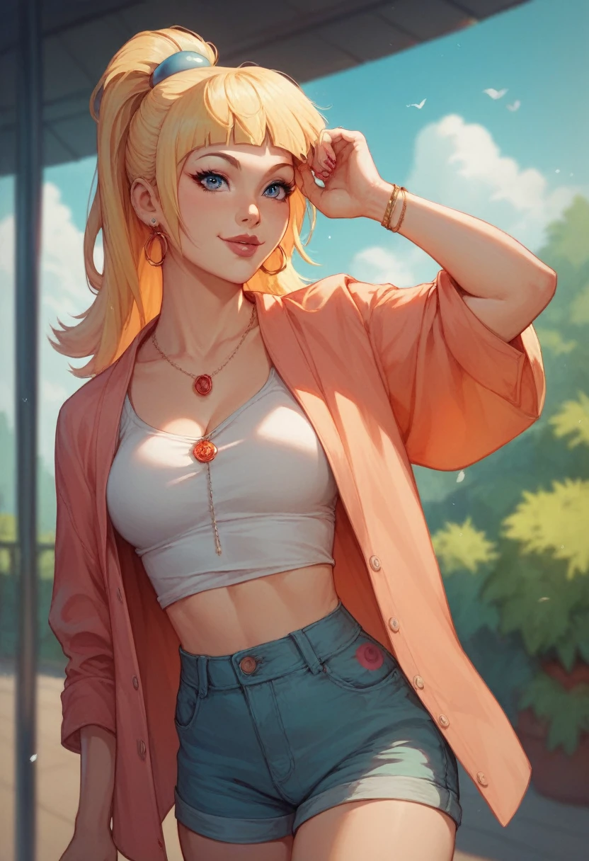 cleavage, woman, from_above, crop top, detailed face, yellow bodycon tank top, hair, park, sky, trees, pale skin, moonlight, stars, 1girl, statement sunglasses, woman,petite, vivid colors, bokeh background, subject for emphasis,dramatic colors,