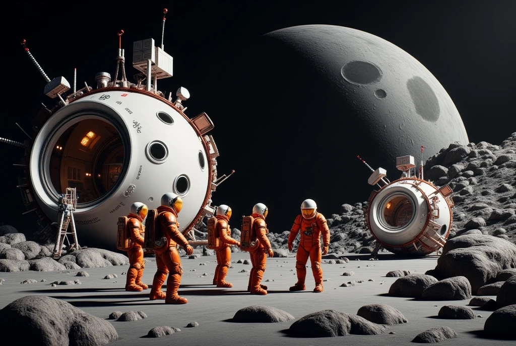 This is a highly detailed CGI rendering depicting a futuristic space scene. The setting is a barren, rocky lunar landscape, characterized by craggy, gray terrain with no vegetation. In the foreground, there are seven astronauts, all dressed in bright orange spacesuits with reflective visors and backpacks, standing on the surface of the moon. They appear to be engaged in a conversation or task, with one pointing towards the horizon.

To the left of the astronauts, there is a large, spherical space station with numerous antennas and communication equipment. The station has a smooth, white surface with circular windows and a large, open hatch, suggesting it is either a research base or a docking station. Adjacent to the station, a smaller, more compact space vehicle with a similar white exterior is partially buried in the lunar soil, indicating it has landed.

In the background, there are two large, crescent-shaped moons, one slightly larger than the other, with visible craters and a textured surface. The sky is a deep black, dotted with tiny stars, and the overall scene exudes a sense of isolation and exploration. The lighting is realistic, casting sharp shadows and highlighting the textures of the lunar surface and the spacesuits.