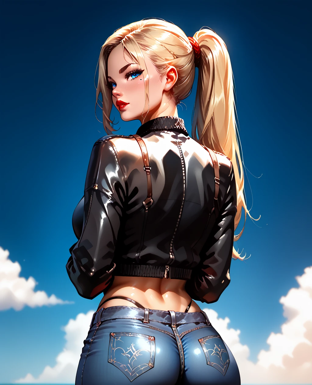 [h_s, 1girl, blond hair, blue eyes, red lips, long ponytail hair, mole under eye], jameslemay-dh, score_9, score_8_up, score_7_up, score_6_up, score_5_up, score_4_up, solo, woman, long hair, curvy, whale tail, black thong, black leather jacket, from behind, looking back, wide hips, huge ass, lowleg pants, jeans,