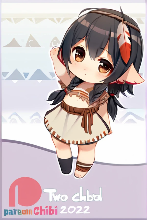 Chibi character, two-dimensional, cute, black hair, Native American clothing