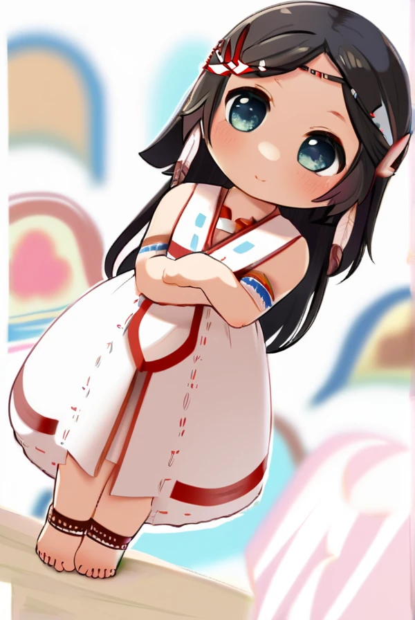 Chibi character, two-dimensional, cute, black hair, Native American clothing