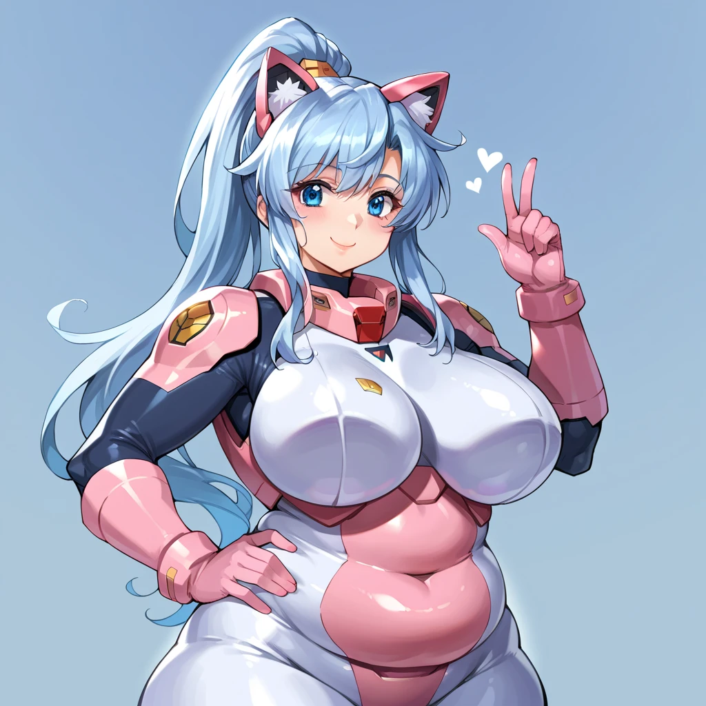 score_9, score_8_up, score_7_up,source_anime,BREAK, gundam_seed, 1girl, adult woman. She has super long light blue hair ponytail, bright blue eyes, pink mechanical cat ears, round face. she is (FAT) and chubby, voluptuous, with very large breasts, large midsection, wide waist, thick arms, belly fat rolls and folds, belly overhang, wide hips, wearing a pink mecha pilot suit, breasts squished close together. happy, confident, proud, hand on hip, masterpiece,best quality,amazing quality, 5 fingers on each hand, heart shapes 