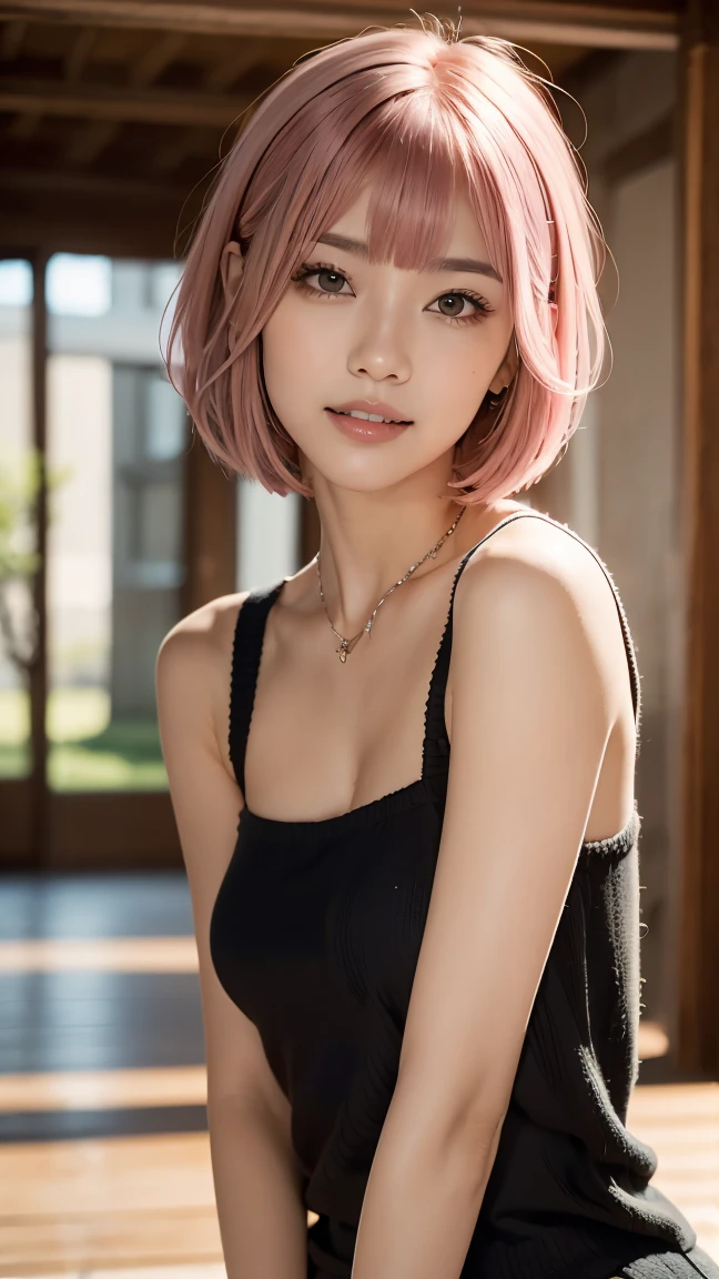 coffee, beauty, cute, attractive, pink short hair, light blue eyes,