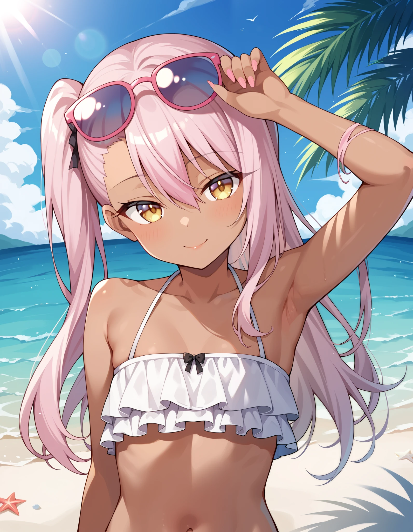 score_9, score_8_up, score_7_up, source_anime, Chloe_Von_Einzbern, 1girl, solo, yellow eyes, pink hair, long hair, hair between eyes, side ponytail, flat chest, dark-skinned female, upper body,  looking at viewer, pink eyewear on head,  beach, frilled bikini, navel, half closed eyes, head tilt, sunrays,