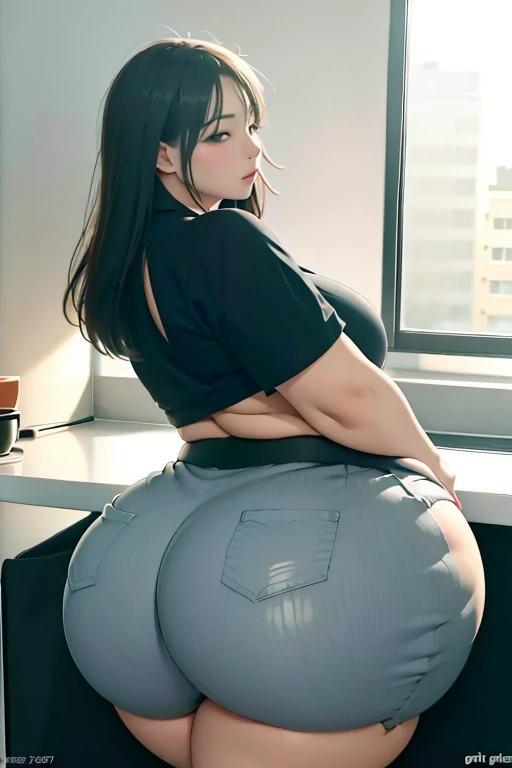 score_9, score_8_up, score_7_up, score_6_up, score_5_up, score_4_up, (source_anime), 1girl,solo, mature woman, milf, Delicate face, long black hair, fringe, Tight light jeans, tight red sweater, thick thighs, big ass, in the kitchen, focus on character, curvy, thicc, Black long simple Apron, lover