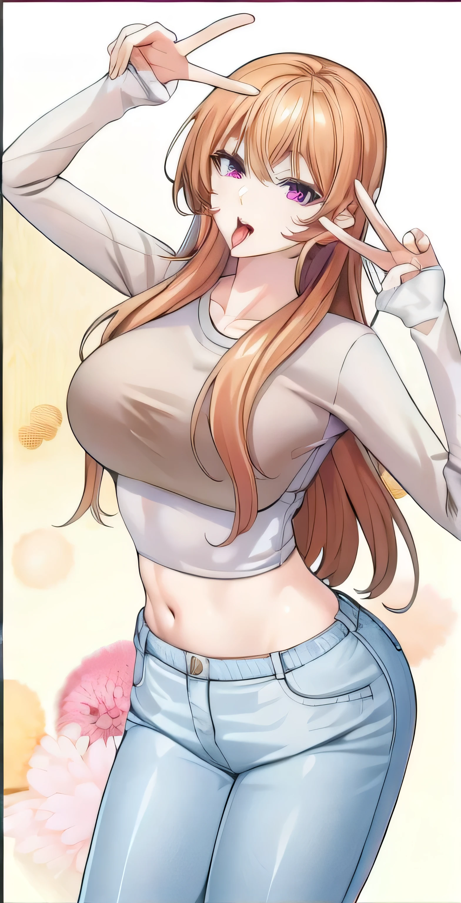 Erina_Prodigy, blonde hair, long hair, purple eyes, Close mouth, Mature female, fit girl, score_9, score_8_up, score_7_up, score_6_up, score_5_up, score_4_up, BREAK source_anime,1girl,erina nakiri, long hair, orange hair, hair between eyes,(purple eyes), shinny eyes,huge breasts, 1girl, solo, pants, long_hair, jeans, breasts, v, denim, tongue, brown_hair, navel, midriff, double_v, brown_eyes, tongue_out, looking_at_viewer, long_sleeves, shirt, grey_shirt, large_breasts, crop_top, bangs, open_mouth, collarbone, cowboy_shot, blue_pants