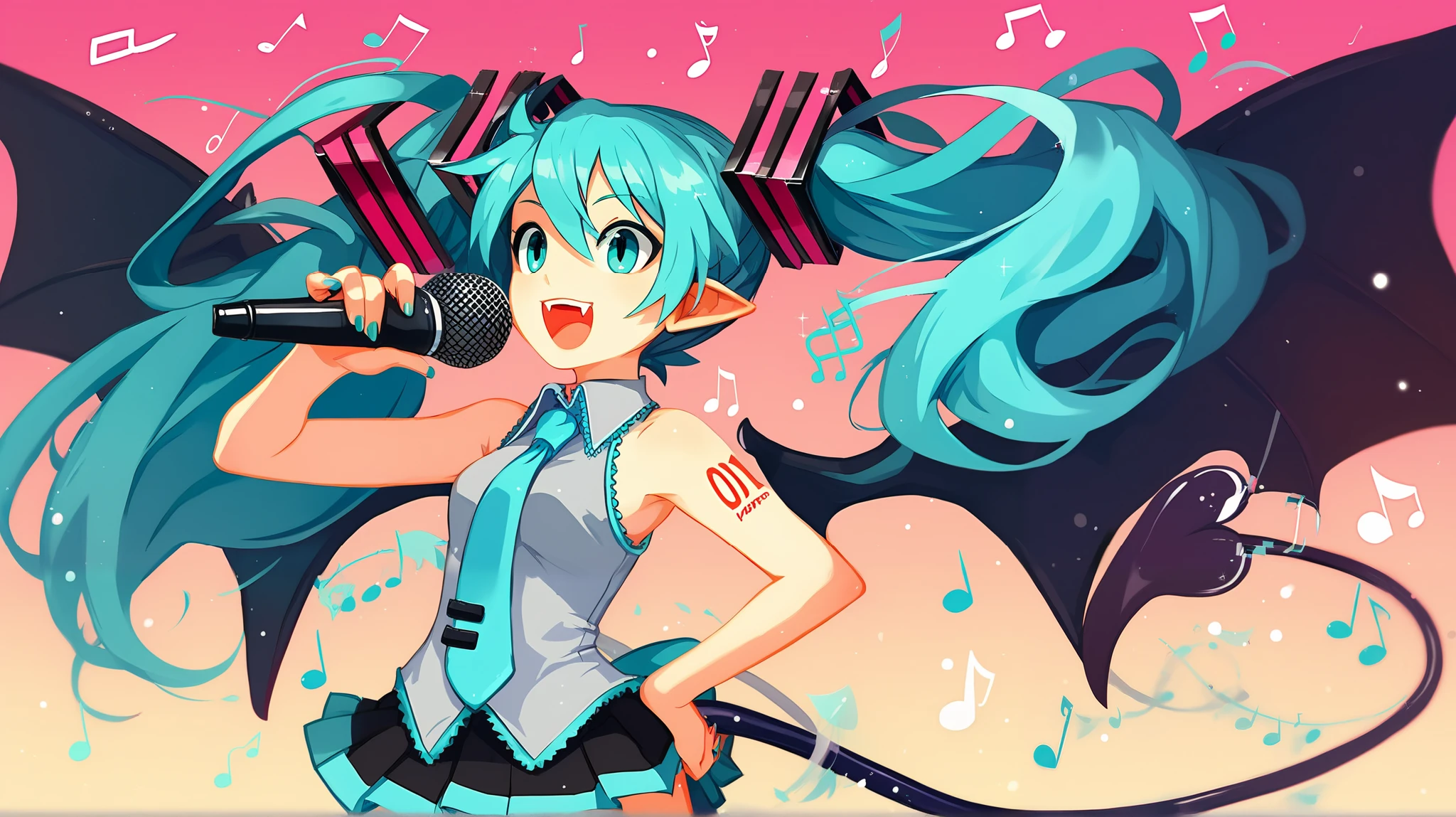 score_5_up, score_6_up,  score_8_up, 
1girl, solo, standing, hand on hip, wearing (sleeveless, pleated skirt), aqua hair, aqua eyes, twintails, hair ornament, hatsune_miku, pointy ears, holding microphone, musical note, singing, fangs, demon tail, wings, bat wings, smile, open mouth, sparkly fuwa fuwa