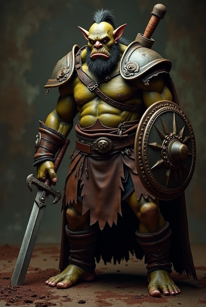 orc masculino, cabelos longos, barba, musculoso, usando coroa dourada, usando roupas de couro animal, capa, Armadura de ouro do cabo adornada com ossos de animais, a armadura cobre seu corpo, sentado em um trono feito de Dragon Bones Camp, Human skulls stacked around the 8K throne, ultra realista e detalhado