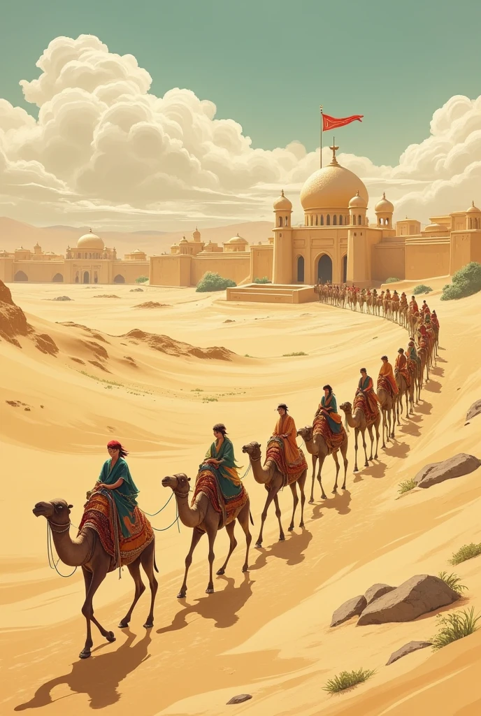 Kashgar art style illustration, a camel caravan crossing the desert, Silk Road
the distant view of the painting shows many ancient buildings in the ancient city of Kashgar, the roofs are all flat and the buildings are all khaki in color.