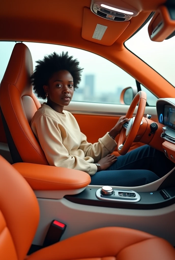 very huge breasts, dark skin, yellow hair, short hair, full body pose, Happy smile, realistic and detailed hands, realistic and detailed face, realistic and detailed tooth, realistic and detailed foots, realistic and detailed face, aviator sunglasses, green and blue short kimono, sitting in front of the car.