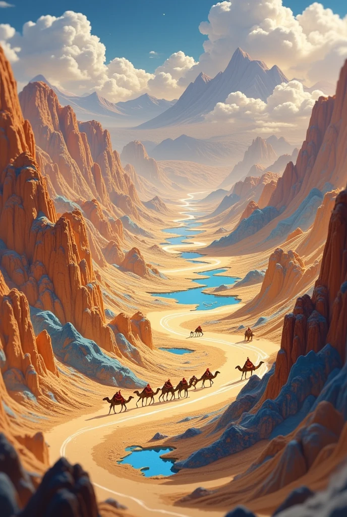 A Thousand Miles of Rivers and Mountains，Wang Ximeng， Very small, very small camel team shines，Sunshine，Colorful Lights and Shadows，Microscopic lens，HD，Magical details， bioluminescence ， ray tracing ，Realistic details， Master composition ，Zen，Glowing lines，Sandbox model 