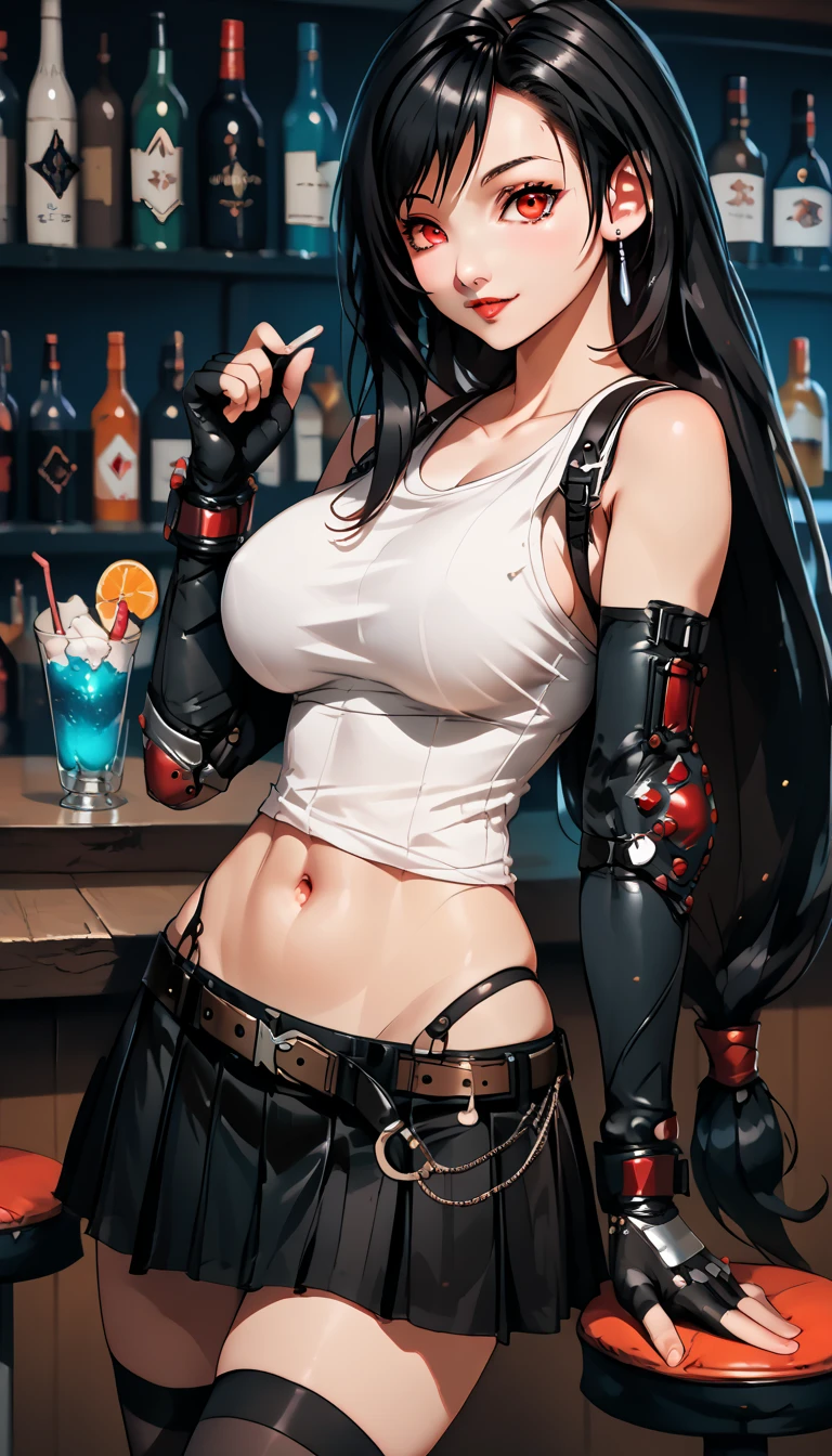 Izayoi Seishin artstyle, (score_9, score_8_up, score_7_up), (best quality, masterpiece),perfect anatomy,(aesthetic,very aesthetic),official style, (ultra-high resolution), 1girl, tifa lockhart, final fantasy,(beautiful woman).tareme, black hair, low-tied long hair, red eyes, bangs, white tank top,gap, belt, pleated skirt, thighhighs, elbow fingerless gloves, elbow pads, midriff, navel,suspender skirt.zettai ryouiki ,(front view),straight-on,(large_breasts:1.2),Solo,mediumshot,looking_at_viewer,contrapposto, vibrant, joyful,cafe and bar, ,Framin,(,tanktop lift),