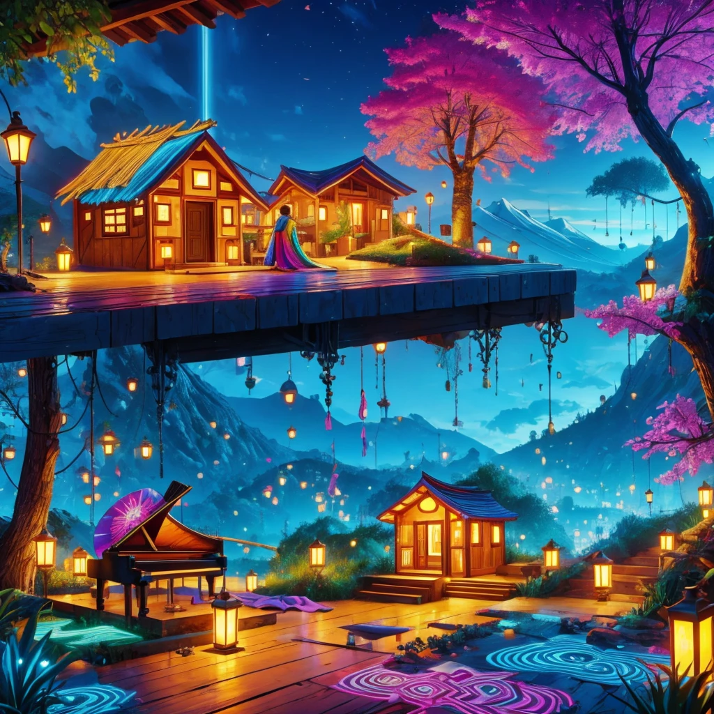 best qualitiy、masterspiece、The highly detailed、detailed backgorund、アニメ、Magical world、flame magic、water magic、The magic of trees、light magic、Dark Magic、A world of five magics mixed、１Man's Apprentice Magical Girl、Practicing the magic of trees、Huge clock tower in the background、Floating clock tower、night landscape、Small cute spirits（flames、The tree、waters、Lumiere、yami）is conversing near the girl