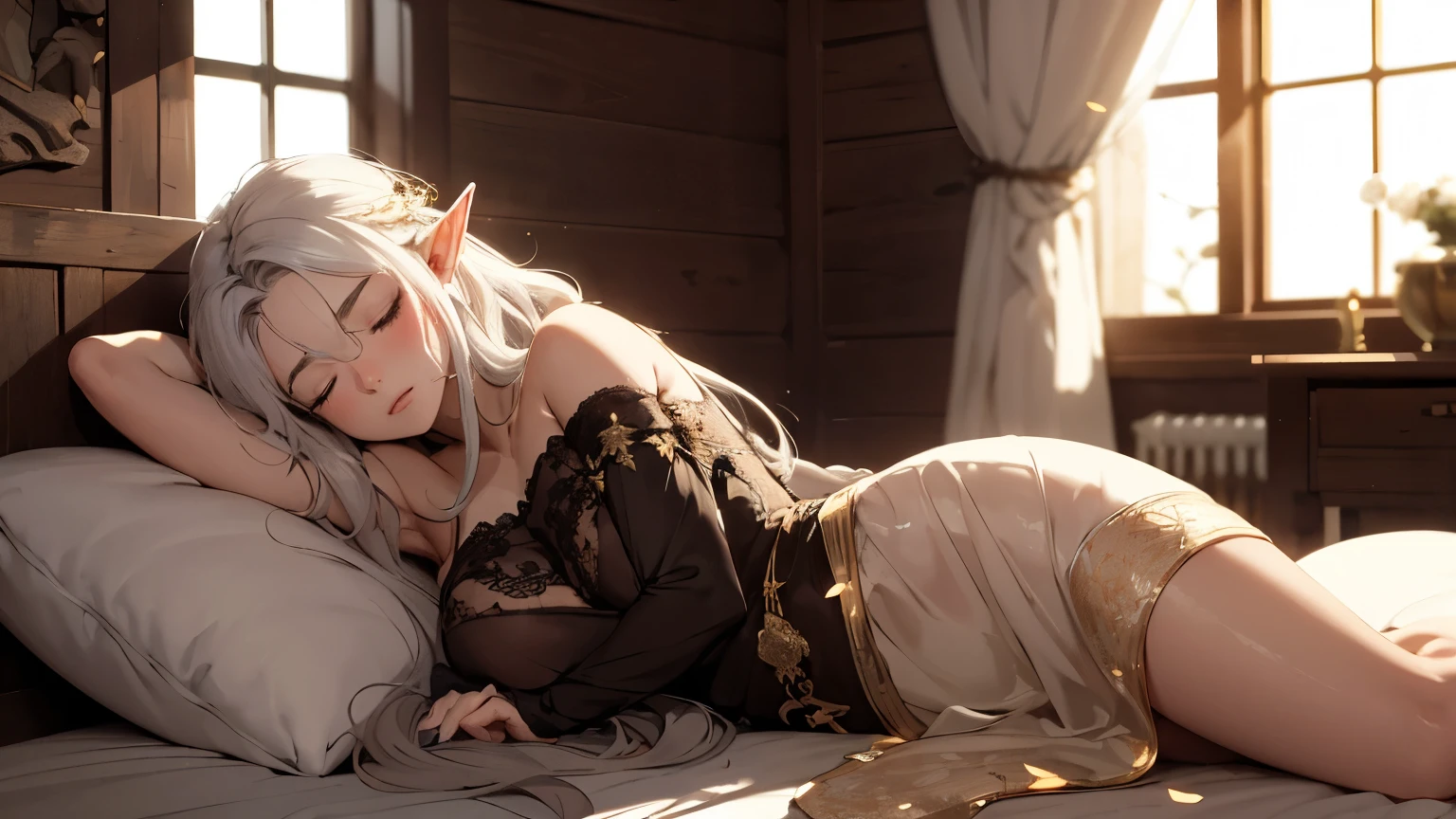 Elven Girl、Age is 、Medium-long black hair、Grey Eyes、Completely naked、Lying dark bedroom、Seductive expression