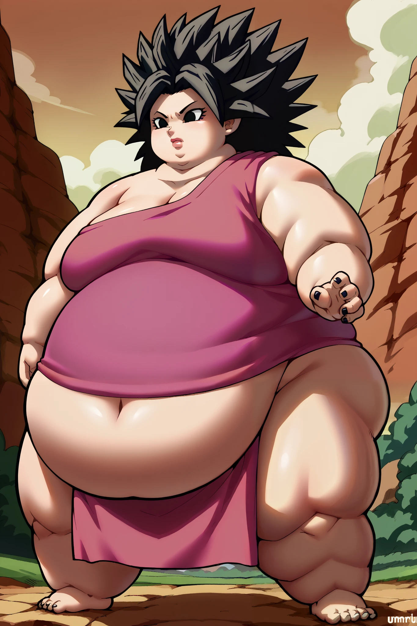 Girl becoming a monster, becoming a troll, fat, chubby, obese, fabric clothes, loincloth , 1girl, caulifla, spiked hair, black hair, black eyes, no pupils, big ears, big nose, big lips, 900 pounds, 10 ft tall, hunchback, broad shoulders, big belly 