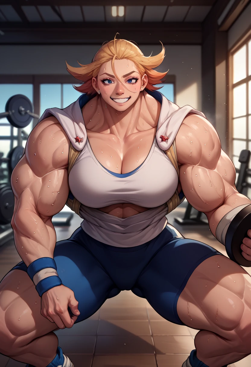 Fraction_9, Fraction_8_up, Fraction_7_up, source_ Japanese Animation,  unique , 1 Girl,  muscular,  Smile,  looking at the audience ,  wear only underwear ,Short hair, White vest,, In the gym ,  super thick huge muscle thighs ， super thick huge muscular arms， carry a barbell and squat ，sweat