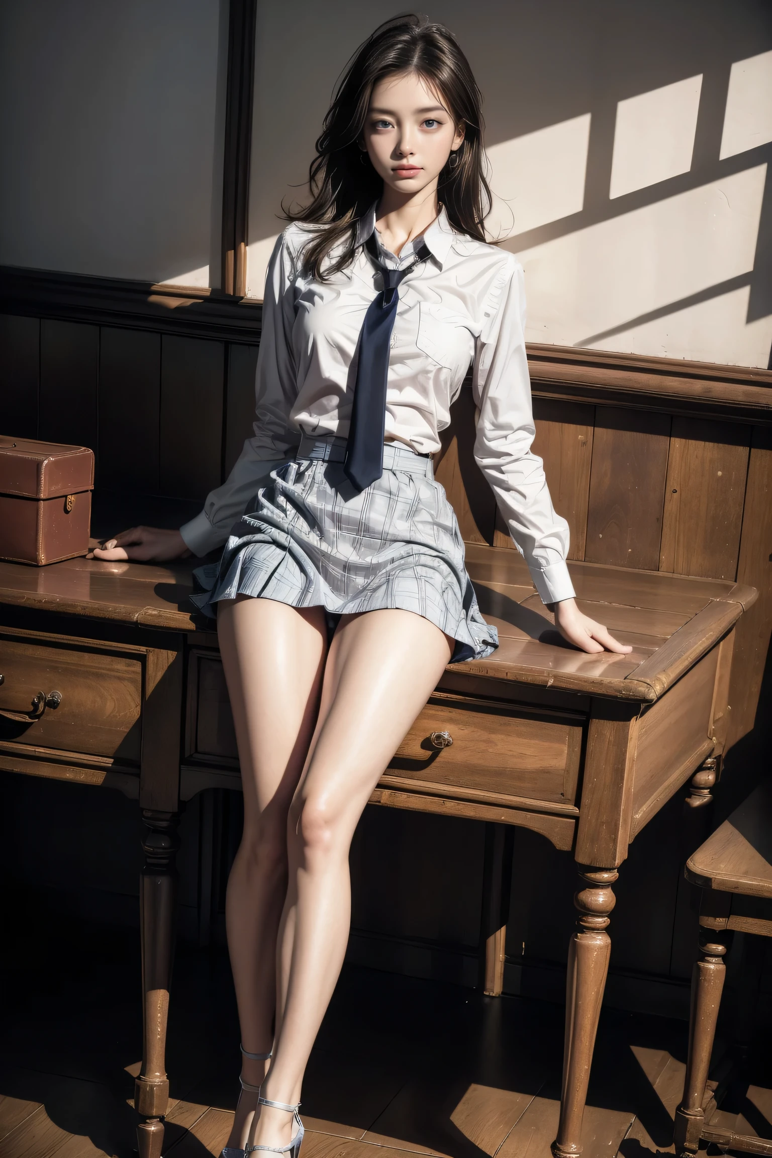 highest quality, masterpiece, ultra high resolution, (realistic:1.4), (full body portrait) RAW photo, 1 girl, 22 years ago,((White shirt and tie)),((tight mini skirt)),((high heels)),model pose,masterpiece, realistic pictures, japanese pictures, fuji negative film, saturation, contrast, Pocari Sweat Advertisement ((small breasts)),((smile showing teeth)),,brown hair,