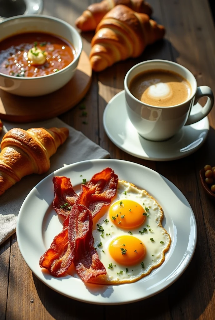 Realistic, Beautiful photos,  from directly above,  bacon and eggs on a white plate, Soup and coffee ,  freshly baked croissants , It's on a large wooden table , Morning view , Dynamic Cinematic Lighting,