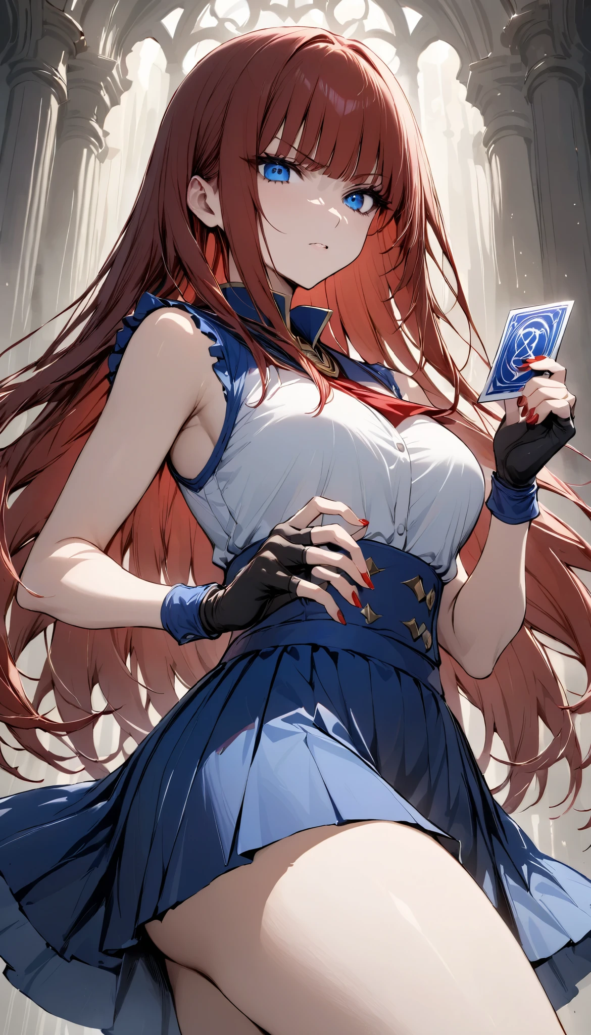 Female duelist holding one card, hands holding card, , {{masterpiece}}, {{{Highest quality}}},{{Very detailed}},white sleeveless shirt, blue skirt, fingerless gloves, red nails,hand,yu-gi-oh!,Straight hair,Long hair ,Red Hair, blunt bangs,blue eyes,One card,Beautiful thighs