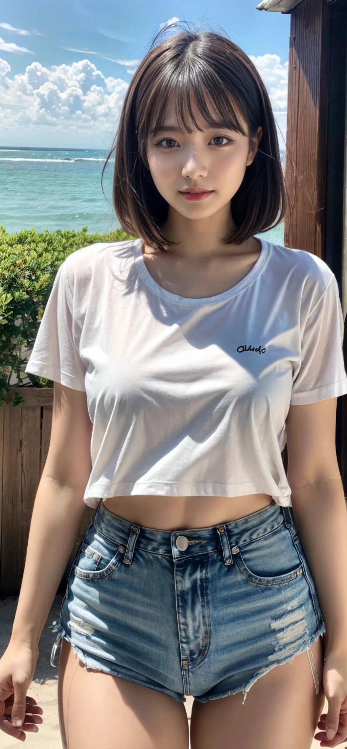 Very cute face、smile、s old、girl、Fluffy long hair、Beautiful legs、Beautiful body、Thin legs、White skin、Black T-shirt、Black mini skirt、White panties、