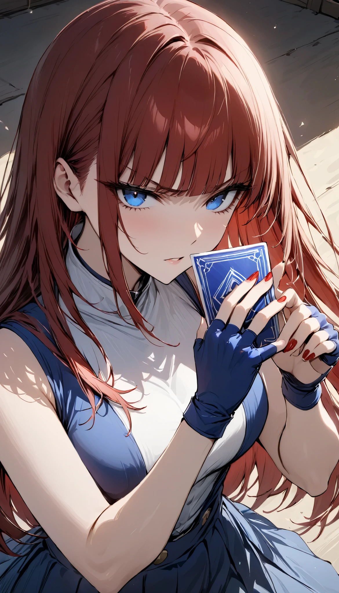 Female duelist holding one card, hands holding card, , {{masterpiece}}, {{{Highest quality}}},{{Very detailed}},white sleeveless shirt, blue skirt, fingerless gloves, red nails,hand,yu-gi-oh!,Straight hair,Long hair ,Red Hair, blunt bangs,blue eyes,One card,Beautiful thighs