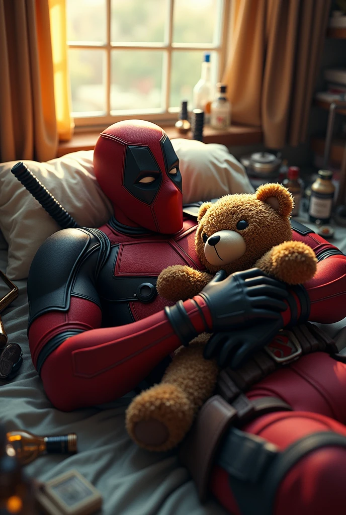 Trong phòng ngủ, deadpool is lying on the bed and next to him is wolverine,Deadpool's right hand touches and squeezes Wolverine's cock, and wolverine is very happy