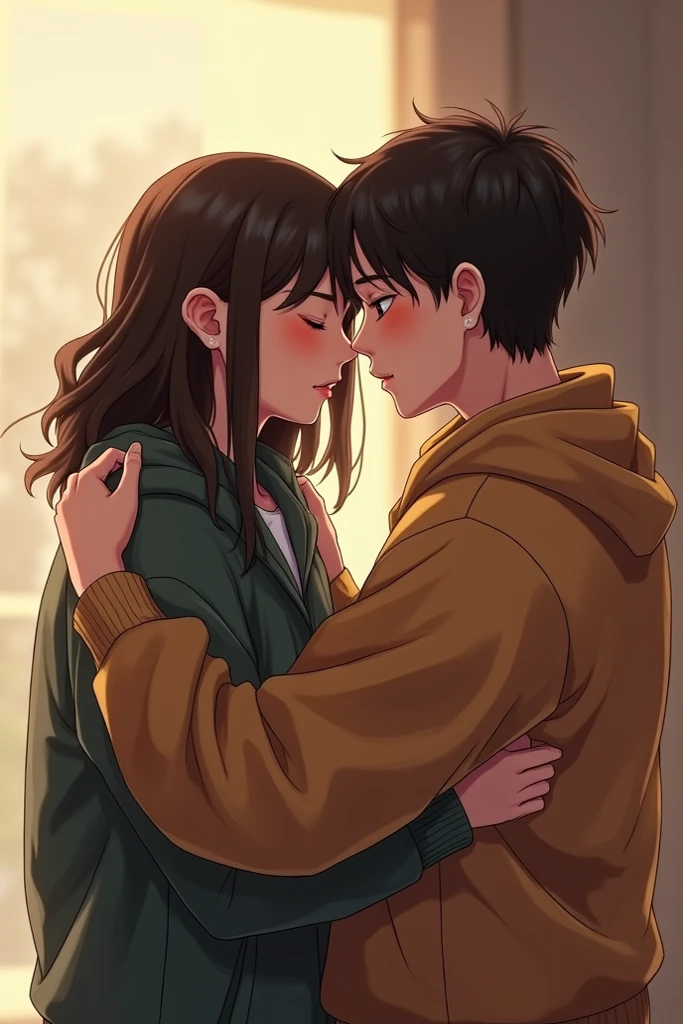 Make two humans hugging each other, a boy and a girl, the girl who has a purple sweatshirt and he has a black sweatshirt 