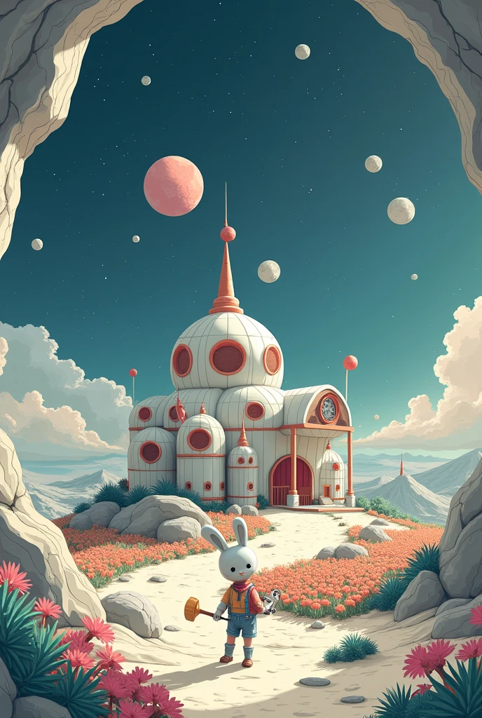 Moon landscape 、 A Disney-shaped space farm inside a crater、 Disney-shaped Cute Alien Moon Rabbit Farmer Carrying Farming Tools、 silver gray color scheme、Mysterious atmosphere、 best quality 、 futuristic cartoon-like design 、 illustration art illustration art ，Anime Abstract Masterpiece 