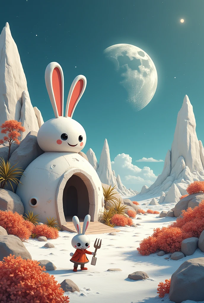 Moon landscape 、 A Disney-shaped space farm inside a crater、 Disney-shaped Cute Alien Moon Rabbit Farmer Carrying Farming Tools、 silver gray color scheme、Mysterious atmosphere、 best quality 、 futuristic cartoon-like design 、 illustration art illustration art ，Anime Abstract Masterpiece 